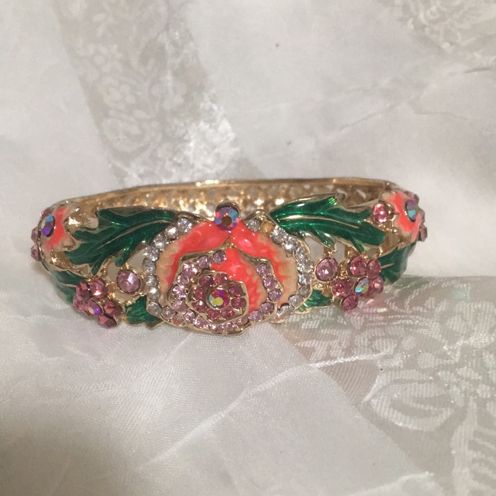 Rhinestone Pink Flower And Green Leaf Enamel Gold Tone Bracelet